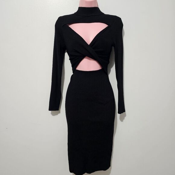 Almost Famous - Dress Bodycon Cutout Turtleneck Midi Knit - Size L - Black - Picture 1 of 6